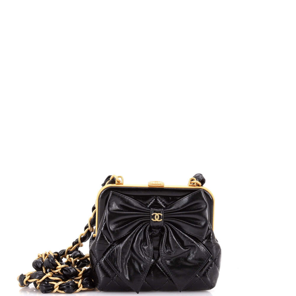 Chanel Mini Bow Frame Clutch With Chain Quilted Patent with Lambskin